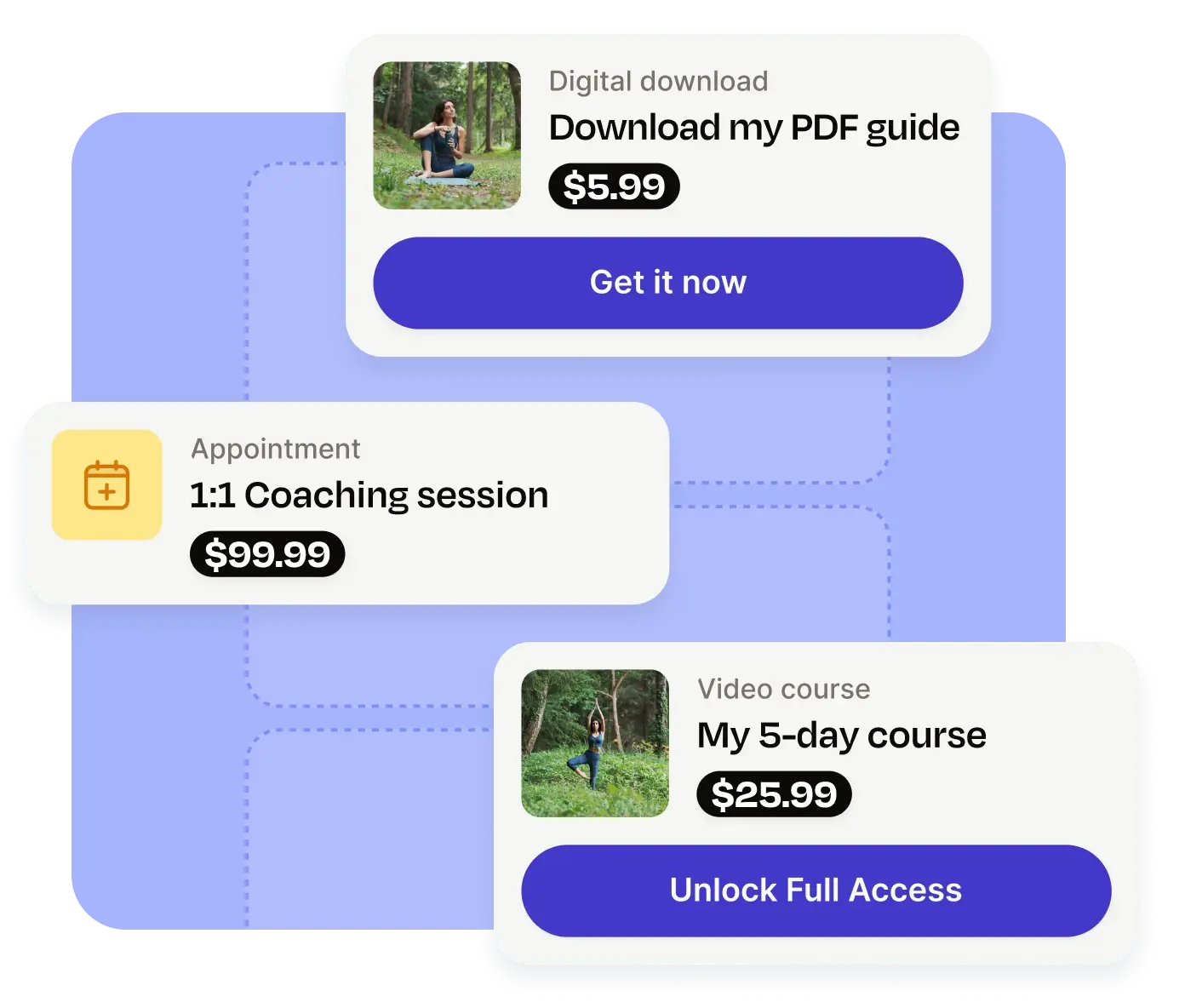 Product cards for a PDF guide, a 1:1 coaching session and a video course