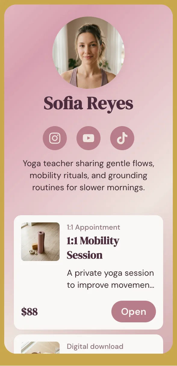 Pink link-in-bio theme for a yoga teacher selling 1:1 sessions