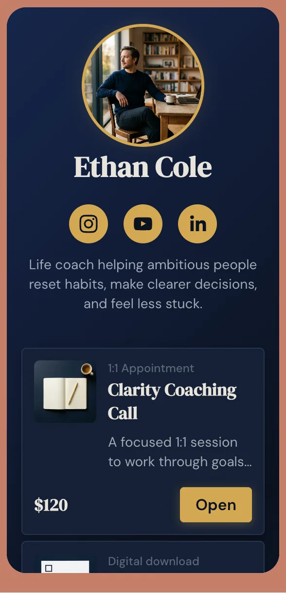 Dark navy link-in-bio theme for a life coach selling coaching calls