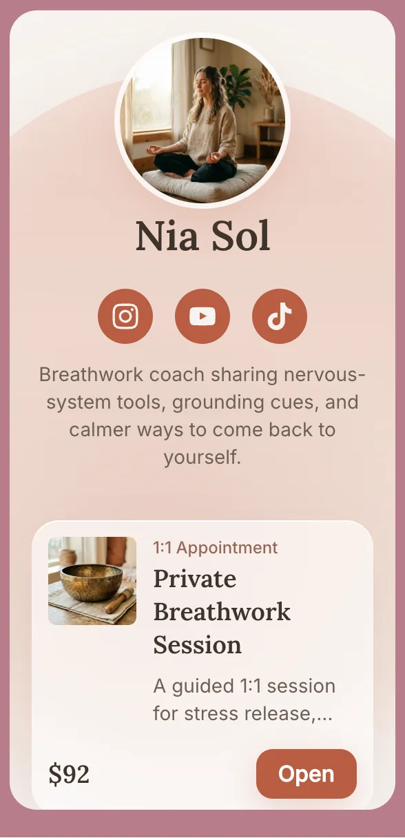 Soft blush link-in-bio theme for a breathwork coach selling private sessions