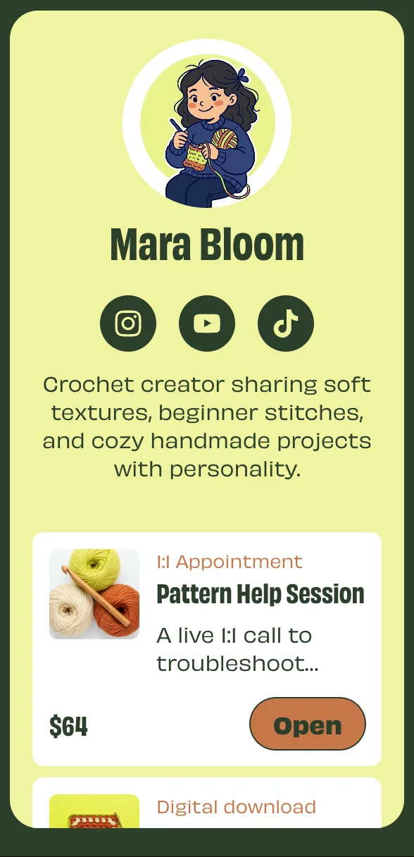 Lime link-in-bio theme for a crochet creator selling pattern help sessions