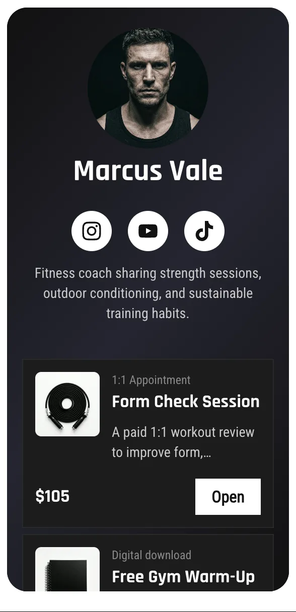 Black link-in-bio theme for a fitness coach selling form check sessions