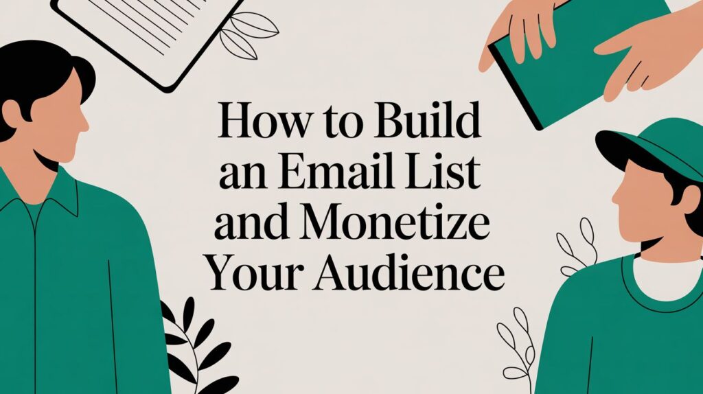 Illustration of two people facing each other with a large title in the center reading, How to Build an Email List and Monetize Your Audience, surrounded by leaves, a hand holding a book, and a notepad