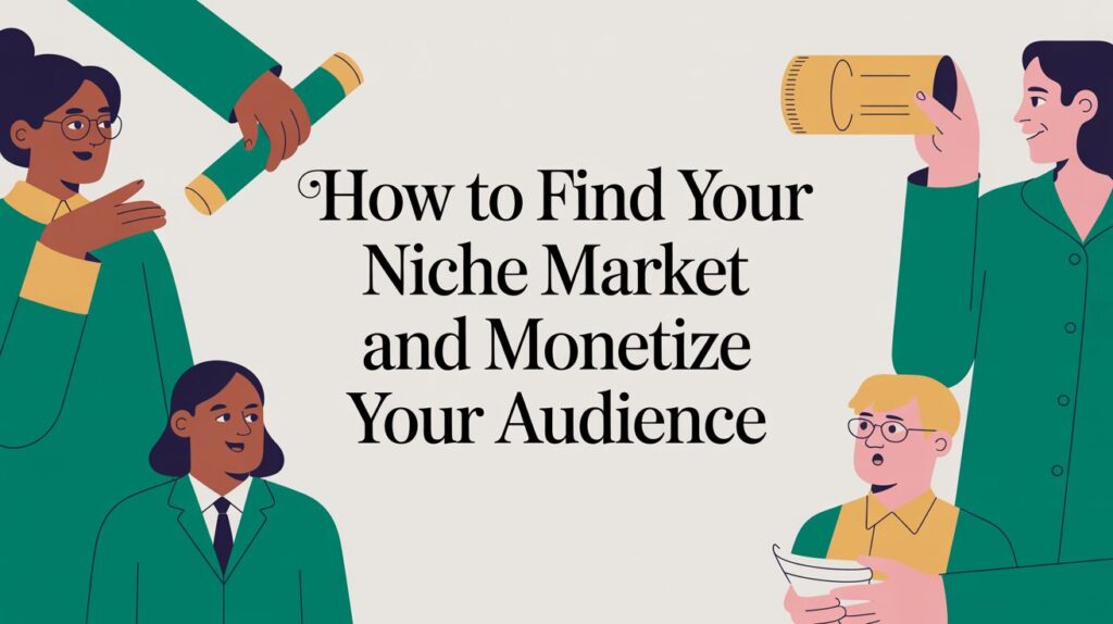 Illustration of four diverse people in green suits holding objects, surrounding the text “How to Find Your Niche Market and Monetize Your Audience” on a light background