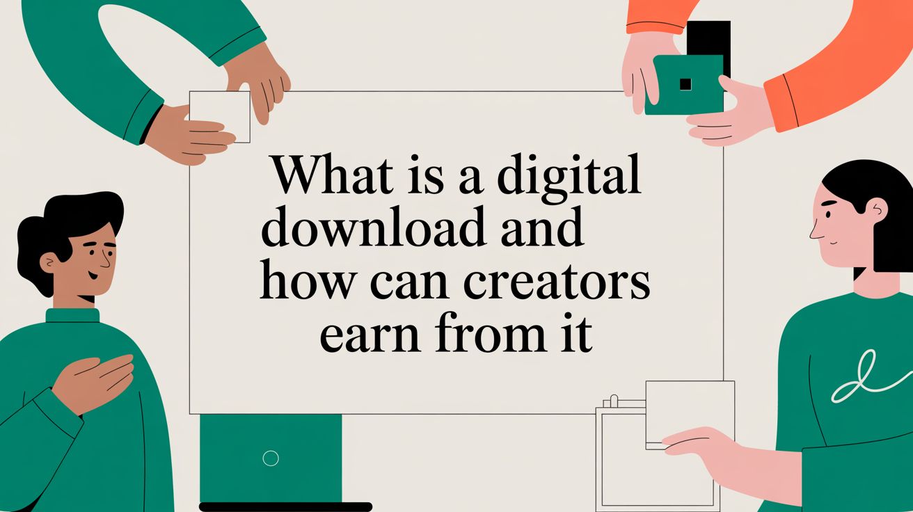 Four illustrated people hold a large sign that reads, “What is a digital download and how can creators earn from it ” The background is light, and the characters wear green and orange clothing