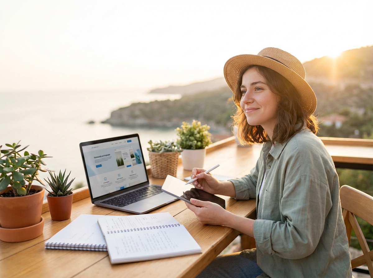 A woman wearing a hat works at an outdoor table with a laptop, notebook, and smartphone, surrounded by plants She smiles and writes as the sun sets over a scenic coastal view in the background