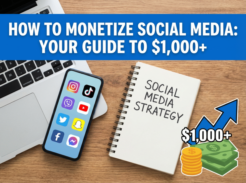 A laptop, smartphone with social media app icons, and a notebook labeled Social Media Strategy are shown Text reads How to Monetize Social Media: Your Guide to $,+ with a graphic of money and an upward arrow