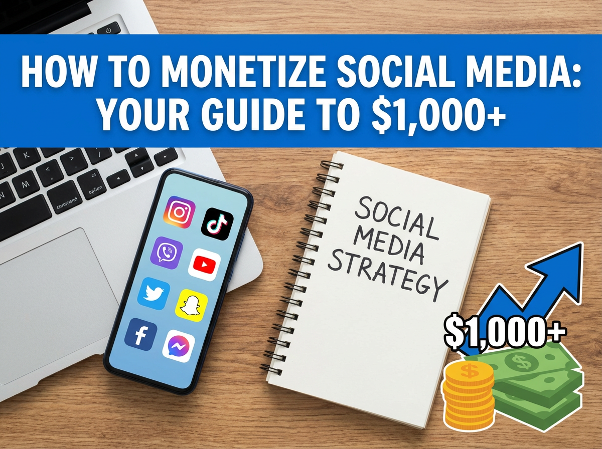 A laptop, smartphone with social media app icons, and a notebook labeled Social Media Strategy are shown Text reads How to Monetize Social Media: Your Guide to $,+ with a graphic of money and an upward arrow