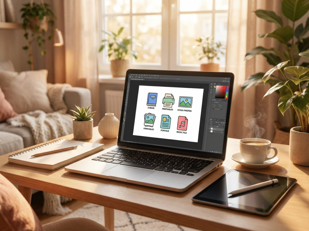 A laptop on a wooden desk displays colorful folder icons The workspace also has a notepad, pen, tablet, coffee cup, and plants, with sunlight coming through a window in a cozy living room
