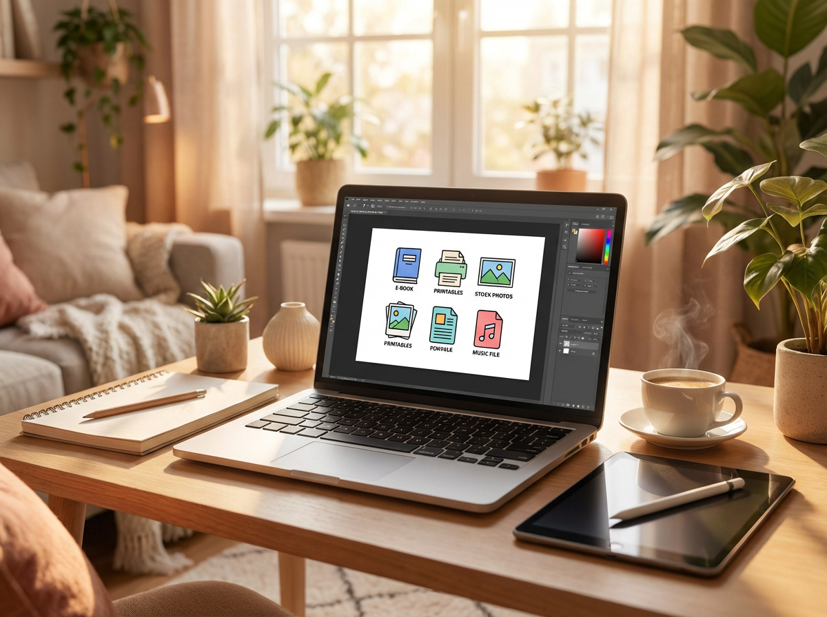 A laptop on a wooden desk displays colorful folder icons The workspace also has a notepad, pen, tablet, coffee cup, and plants, with sunlight coming through a window in a cozy living room
