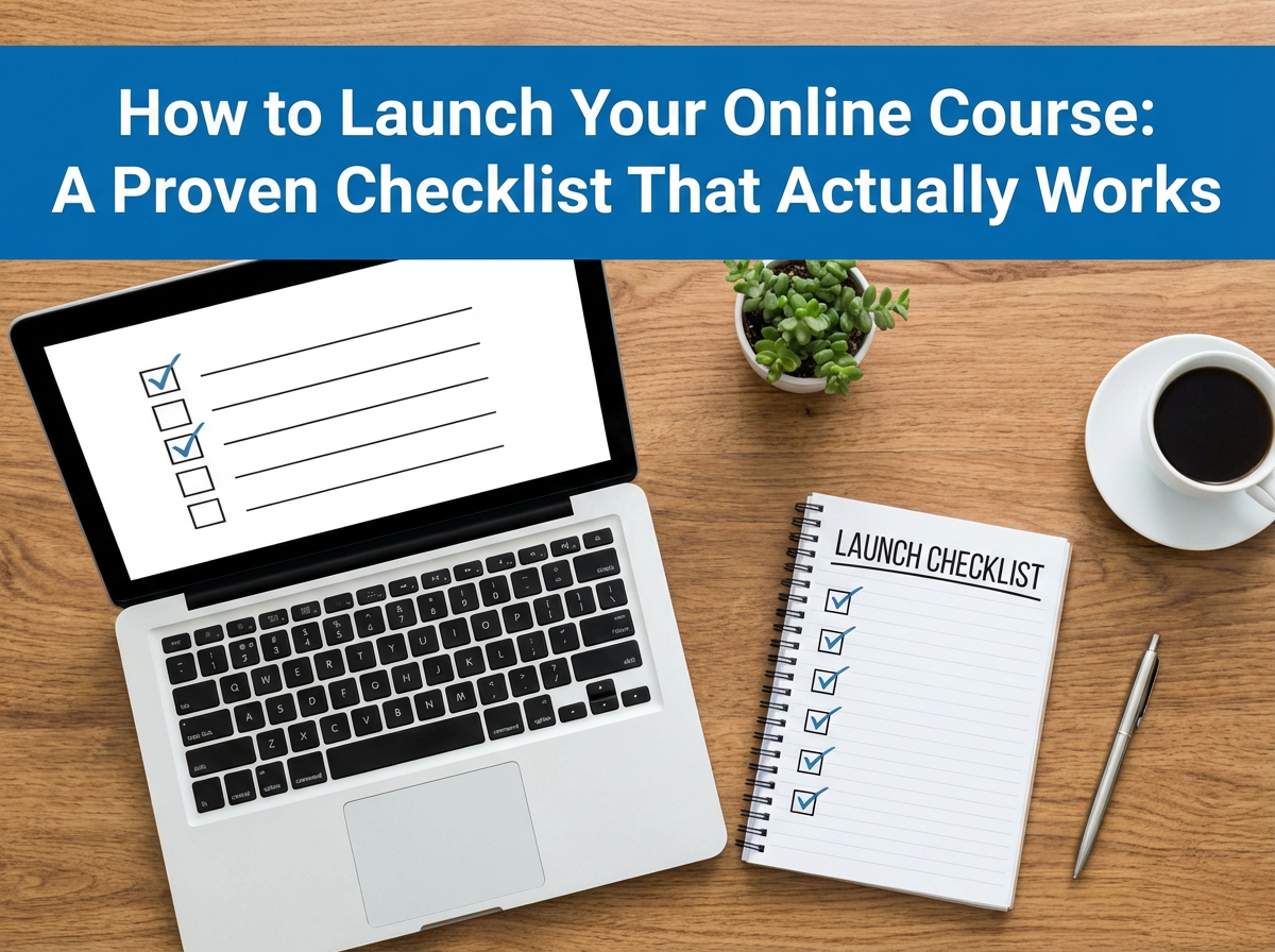 A laptop displaying a checklist, a spiral notepad labeled Launch Checklist with checkmarks, a pen, a cup of coffee, and a small plant on a wooden desk Text above reads How to Launch Your Online Course: A Proven Checklist That Actually Works