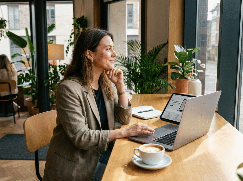 A woman sits at a wooden table in a bright, modern café, looking out the window and smiling while working on a laptop A cappuccino and smartphone are on the table Lush green plants decorate the space