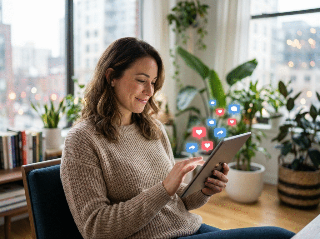 A woman sits in a bright, cozy room with plants, smiling and using a tablet Social media icons such as hearts and thumbs up are digitally overlaid, indicating engagement with online content