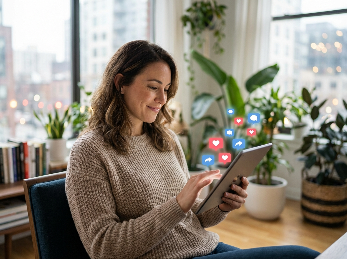 A woman sits in a bright, cozy room with plants, smiling and using a tablet Social media icons such as hearts and thumbs up are digitally overlaid, indicating engagement with online content
