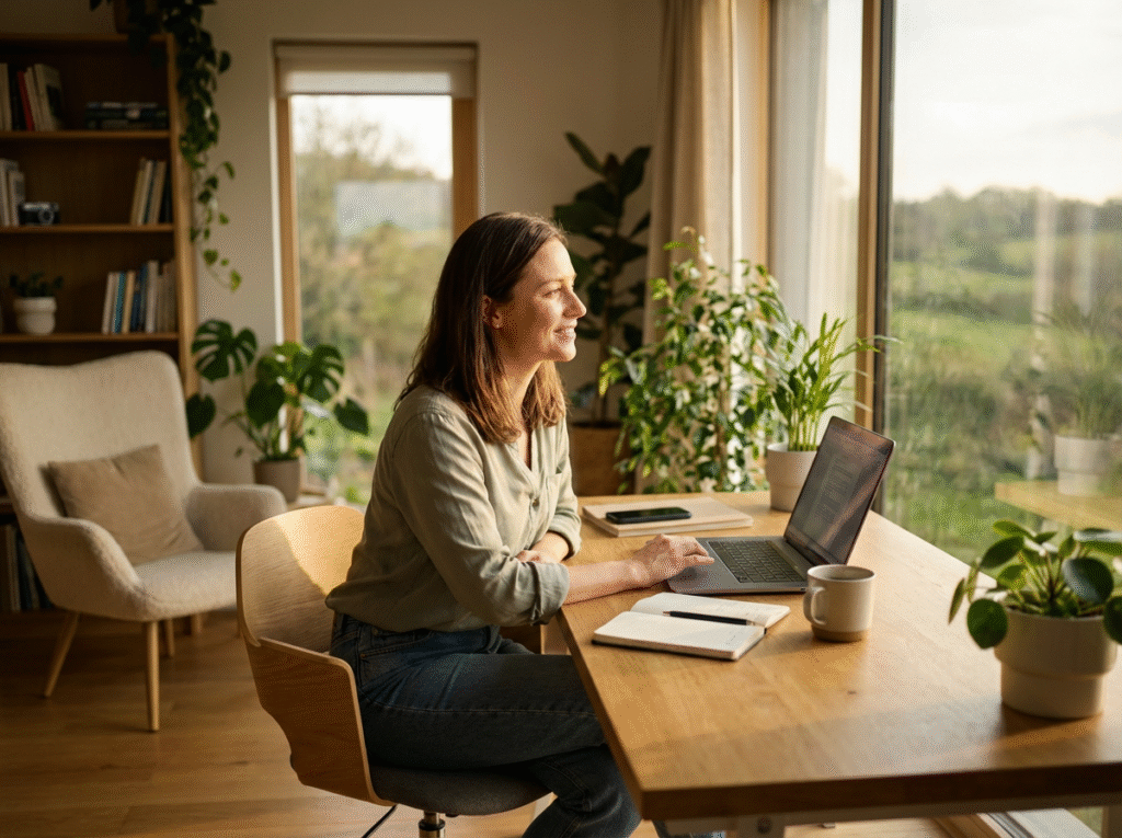 A woman sits at a wooden desk by a large window, smiling while working on a laptop The room is bright, filled with green plants, a notebook, a mug, and a phone, creating a cozy, home office atmosphere