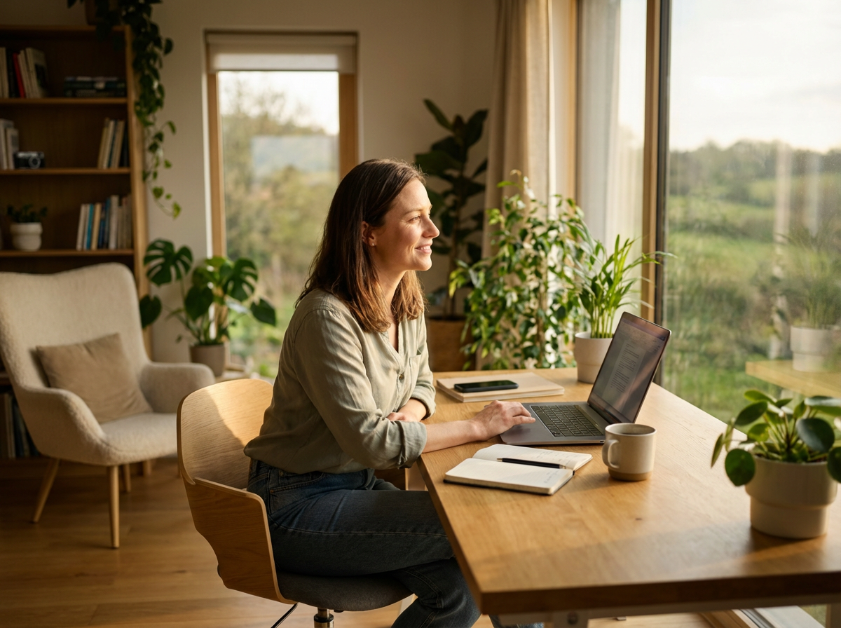 A woman sits at a wooden desk by a large window, smiling while working on a laptop The room is bright, filled with green plants, a notebook, a mug, and a phone, creating a cozy, home office atmosphere