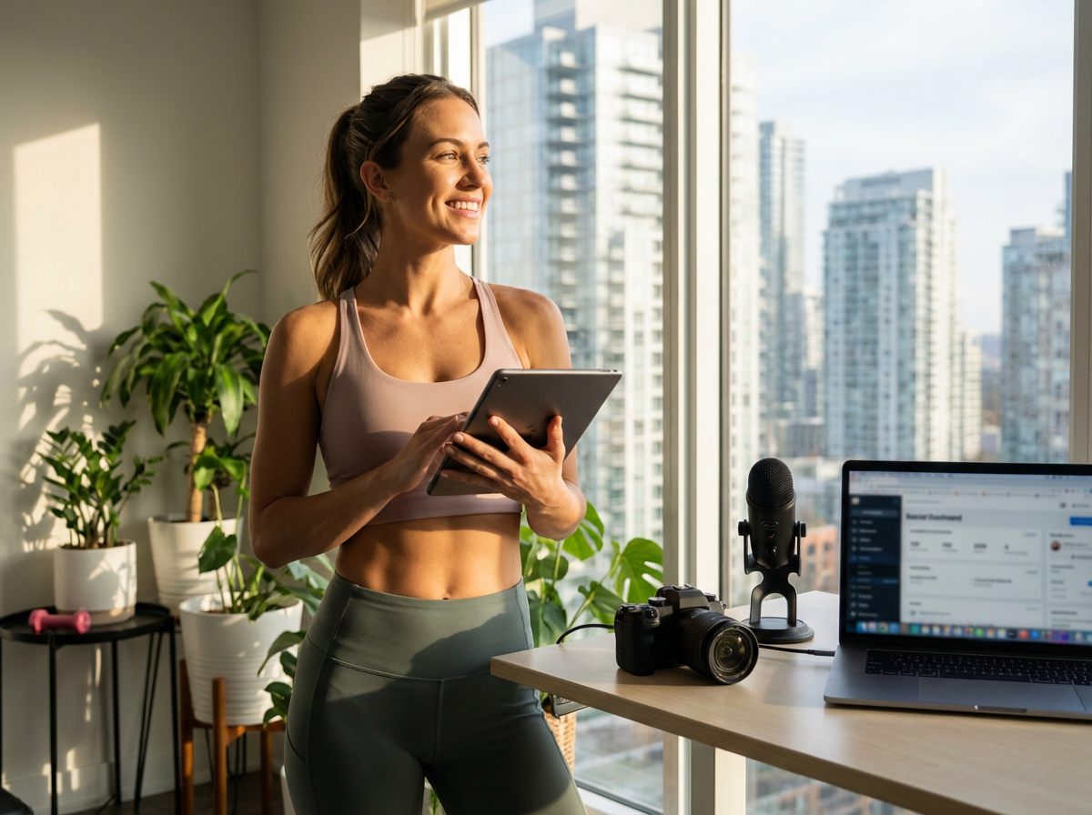 A woman in athletic wear stands by a bright window, smiling and holding a tablet On a desk nearby are a laptop, camera, and microphone, with city buildings and plants in the background