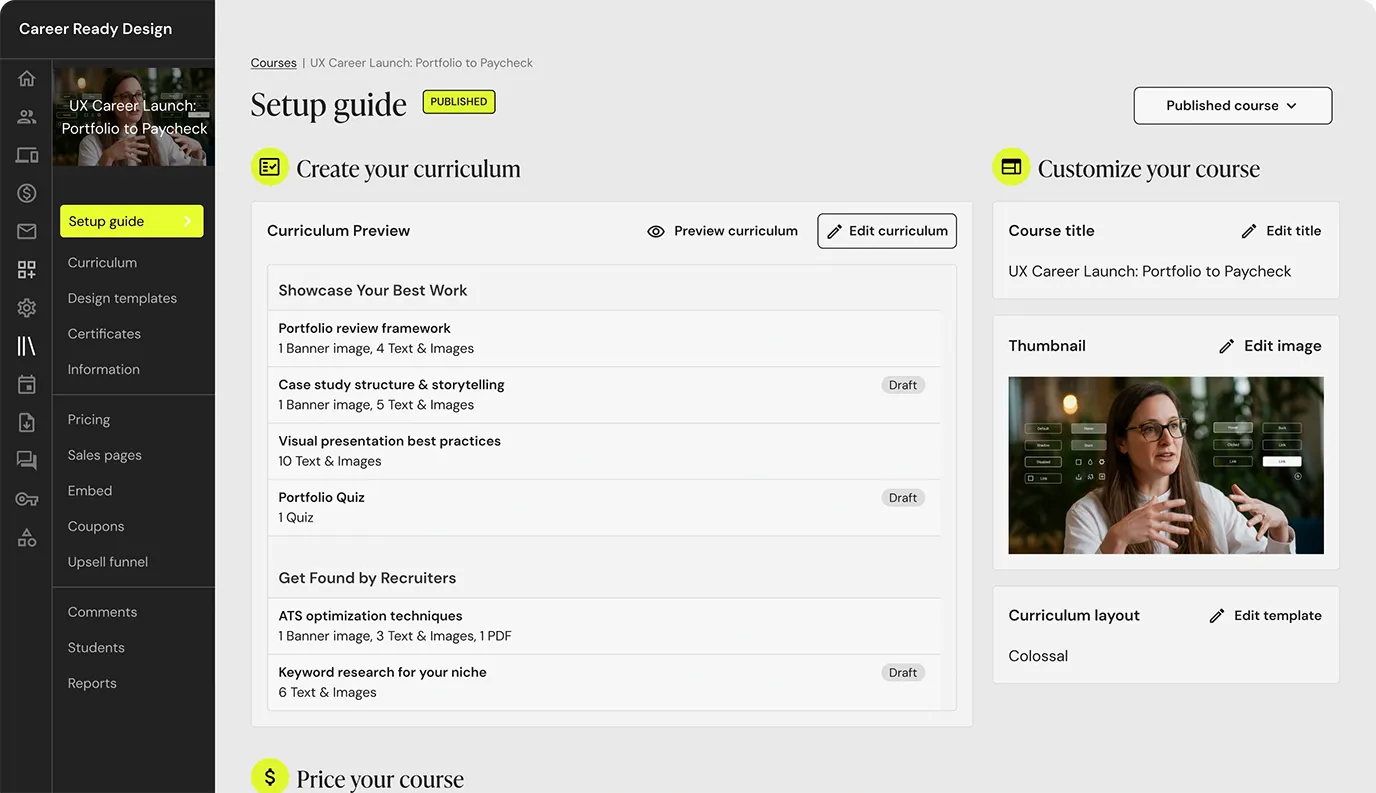 Teachable online course platform interface
