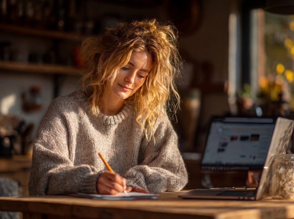 A woman with curly blonde hair and a cozy sweater sits at a wooden table, writing in a notebook with a pencil An open laptop is beside her, and warm sunlight streams through a nearby window
