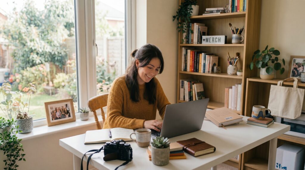 A woman sits at a white desk working on a laptop in a cozy, sunlit home office with bookshelves, plants, notebooks, a camera, and a photo frame nearby She is smiling and surrounded by organized workspace items