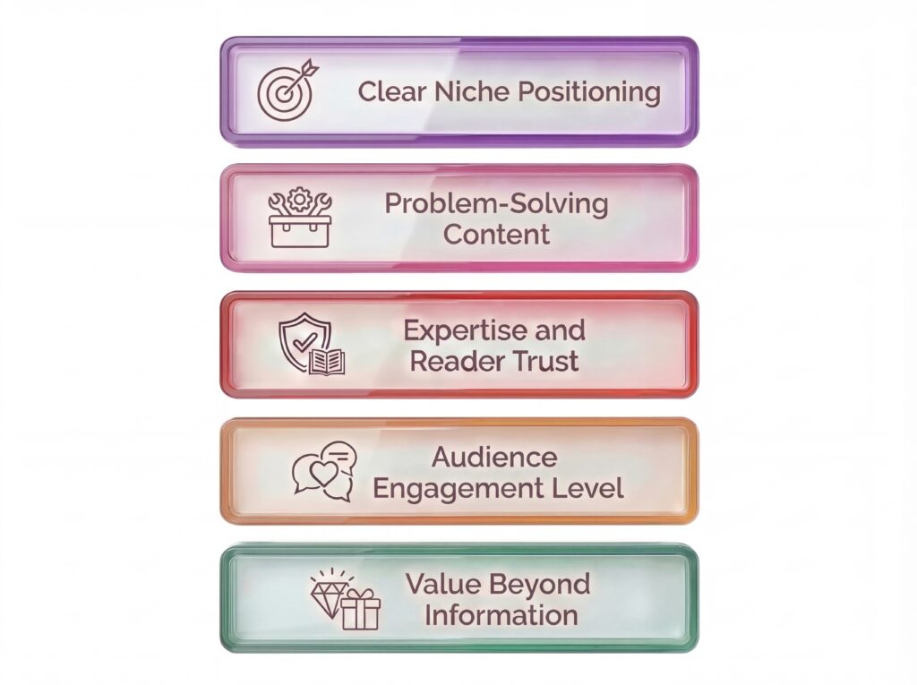 A graphic with five colored boxes labeled: Clear Niche Positioning, Problem Solving Content, Expertise and Reader Trust, Audience Engagement Level, and Value Beyond Information, each with a related icon