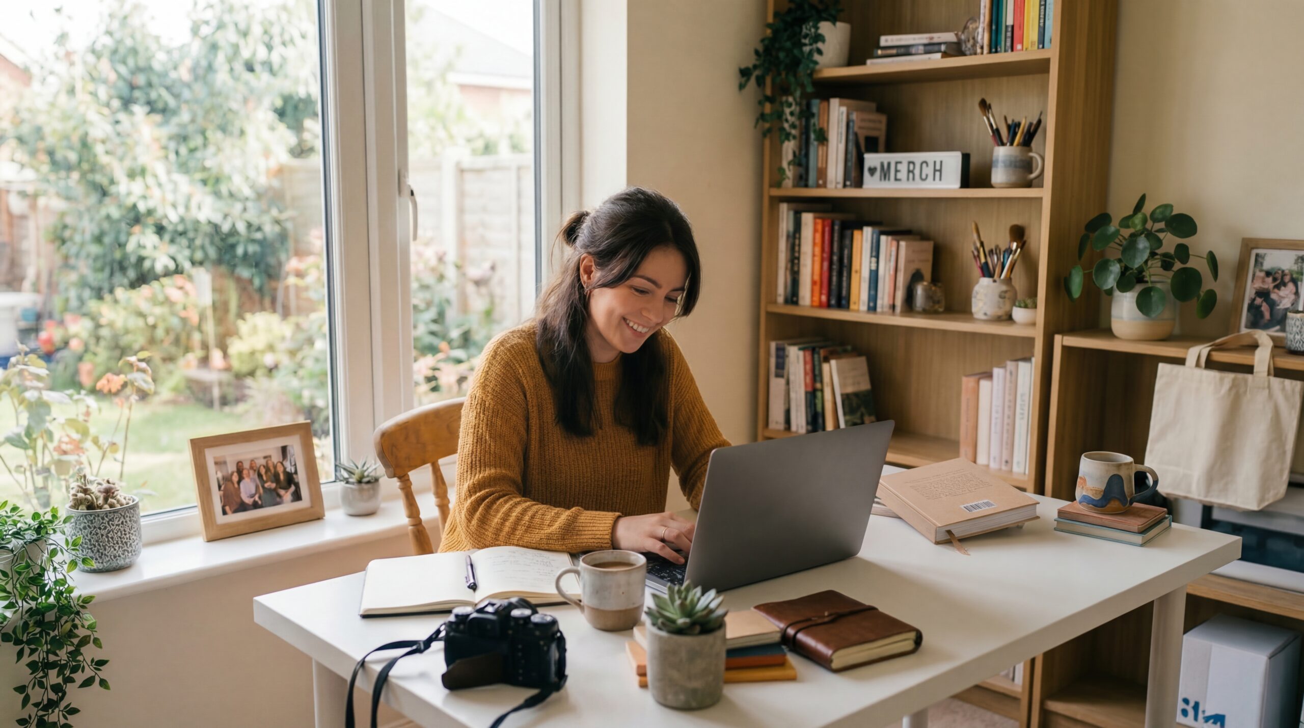 A woman sits at a white desk working on a laptop in a cozy, sunlit home office with bookshelves, plants, notebooks, a camera, and a photo frame nearby She is smiling and surrounded by organized workspace items