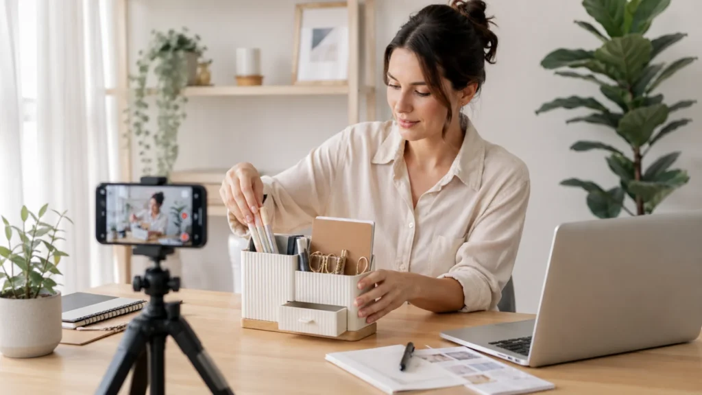 A woman sits at a desk organizing office supplies while being recorded on a smartphone mounted on a tripod A laptop, notebook, and plant are also on the desk in a bright, home office setting