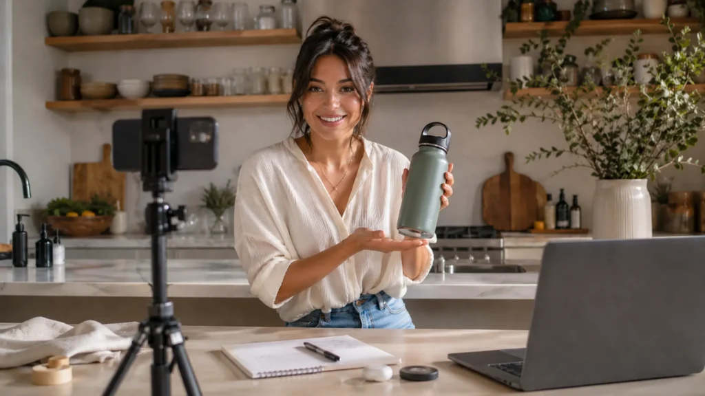 A woman smiles while filming a video in a modern kitchen, holding a reusable water bottle A phone on a tripod, a laptop, notebook, and earbuds are on the counter in front of her Shelves and plants are in the background