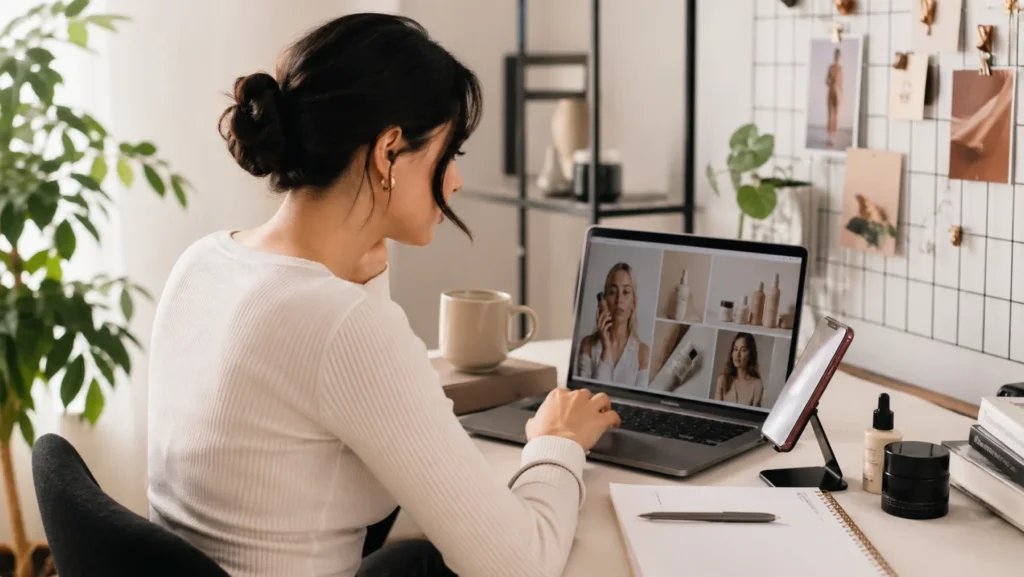A woman sits at a desk with a laptop, participating in a video call or virtual meeting She is surrounded by a notebook, phone, coffee mug, and skincare products, with a decorative shelf and plants in the background