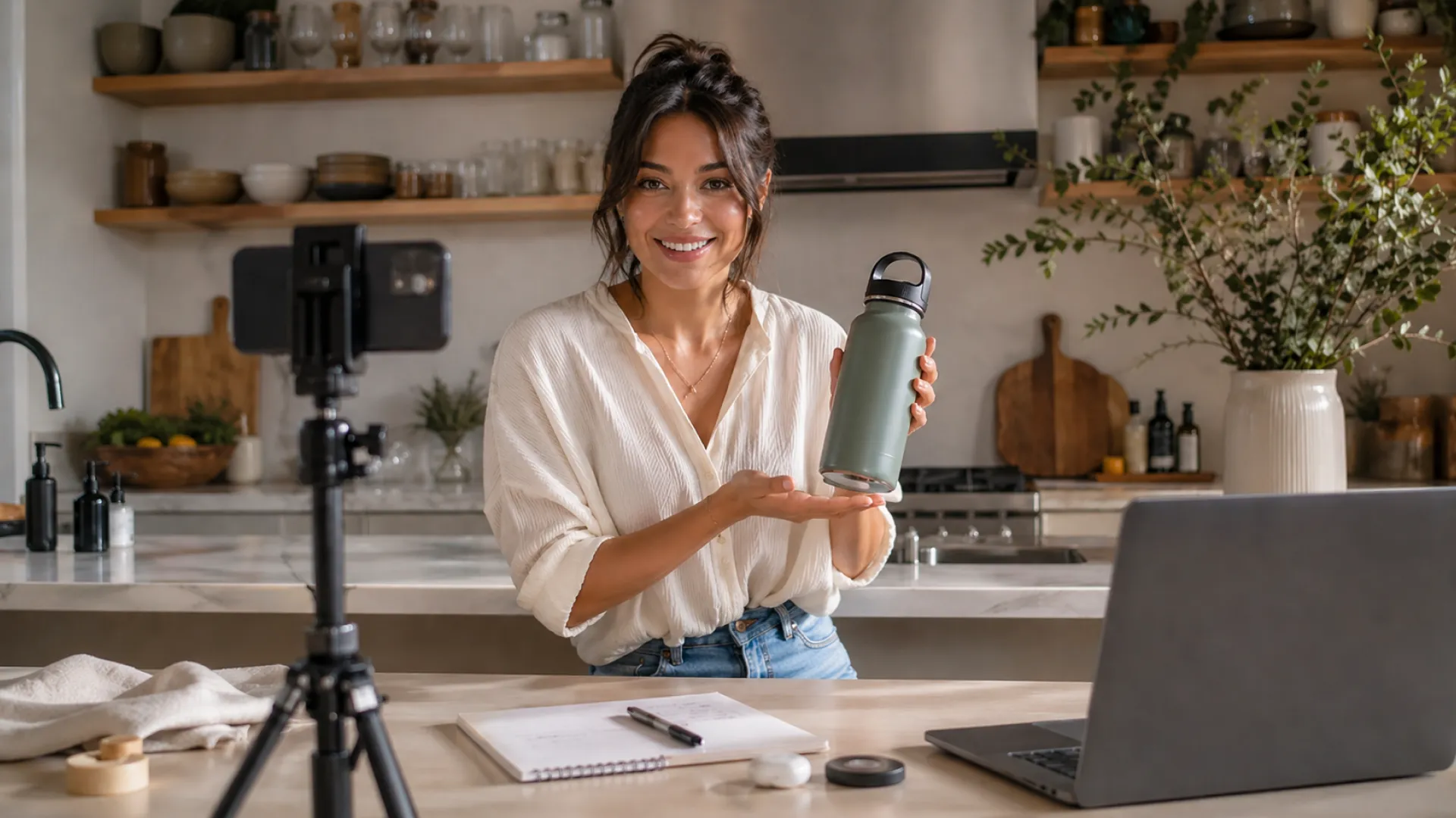 A woman smiles while filming a video in a modern kitchen, holding a reusable water bottle A phone on a tripod, a laptop, notebook, and earbuds are on the counter in front of her Shelves and plants are in the background