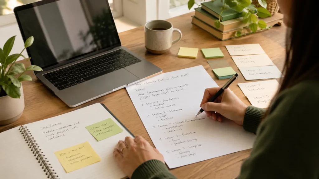 A person writes a course outline on paper at a desk with a laptop, notebooks, colorful sticky notes, a mug, and a small plant, creating an organized study or work environment near a sunny window