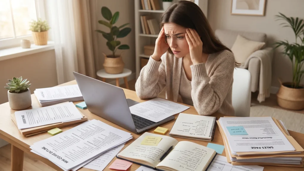 A woman sits at a desk cluttered with papers, notebooks, and a laptop She looks stressed, holding her head with both hands while staring at the computer screen in a bright, organized home office
