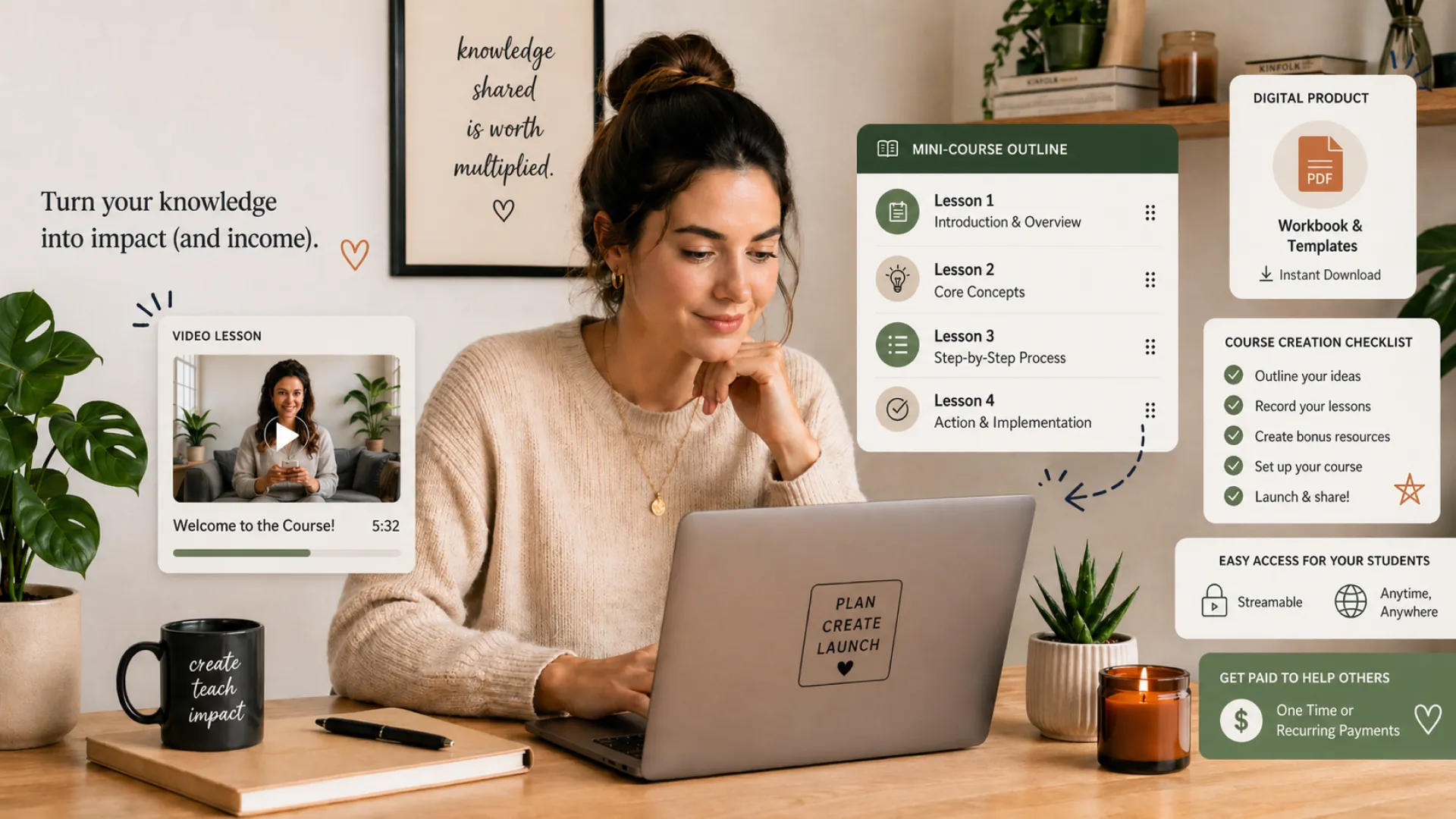 A woman sits at a desk with a laptop labeled Plan Create Launch, surrounded by course materials and digital product icons She appears focused, working on an online course in a cozy, well lit home office